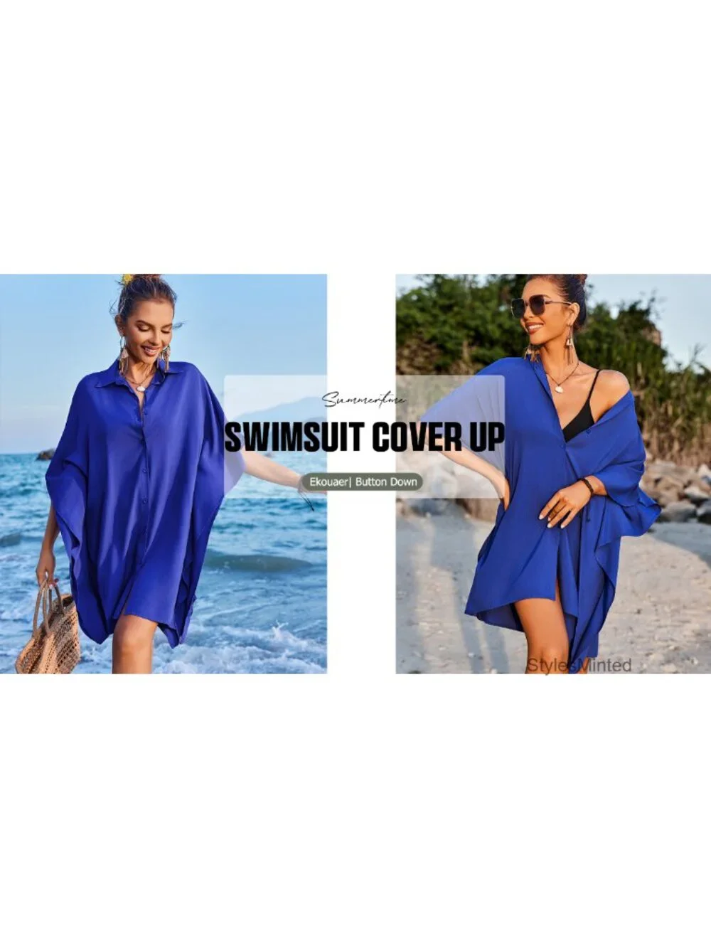 Women's Swimsuit Cover Up 3/4 Sleeve Button Down Beachwear Oversized Shirt